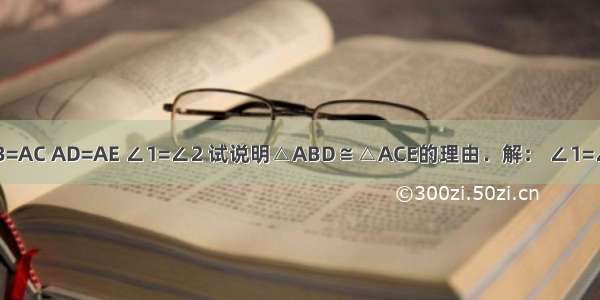 如图 已在AB=AC AD=AE ∠1=∠2 试说明△ABD≌△ACE的理由．解： ∠1=∠2（______