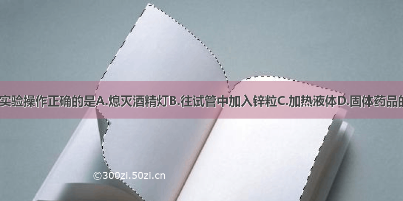 如图所示实验操作正确的是A.熄灭酒精灯B.往试管中加入锌粒C.加热液体D.固体药品的取用