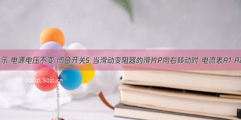 如图所示 电源电压不变 闭合开关S 当滑动变阻器的滑片P向右移动时 电流表A1 A2和