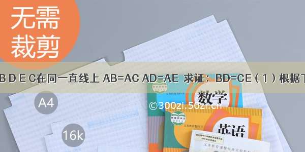如图 已知点B D E C在同一直线上 AB=AC AD=AE．求证：BD=CE（1）根据下面说理步