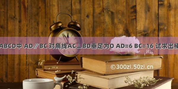如图 在等腰梯形ABCD中 AD∥BC 对角线AC⊥BD垂足为O AD=6 BC=16 试求出梯形ABCD的面积．