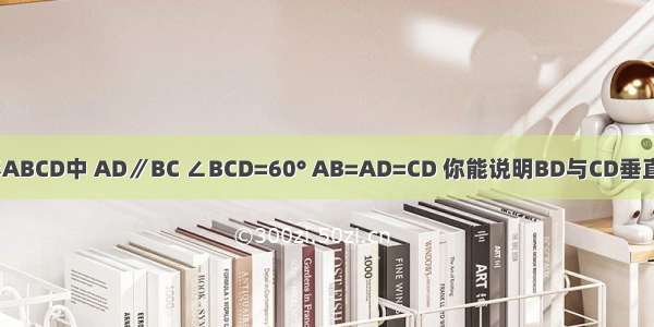 在等腰梯形ABCD中 AD∥BC ∠BCD=60° AB=AD=CD 你能说明BD与CD垂直的理由吗？