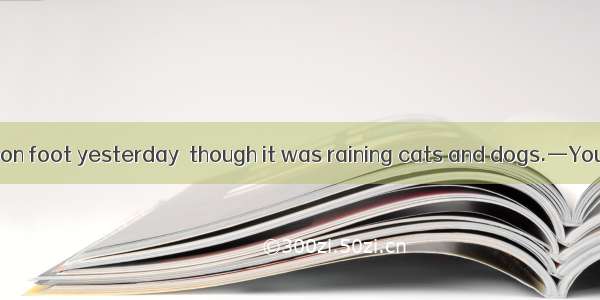 —I went to work on foot yesterday  though it was raining cats and dogs.—You a bus. You wer