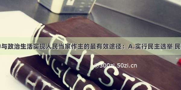 单选题公民参与政治生活实现人民当家作主的最有效途径：A.实行民主选举 民主决策B.实行