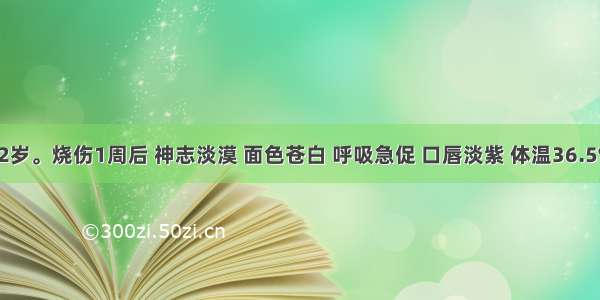 患者 72岁。烧伤1周后 神志淡漠 面色苍白 呼吸急促 口唇淡紫 体温36.5℃ 四肢