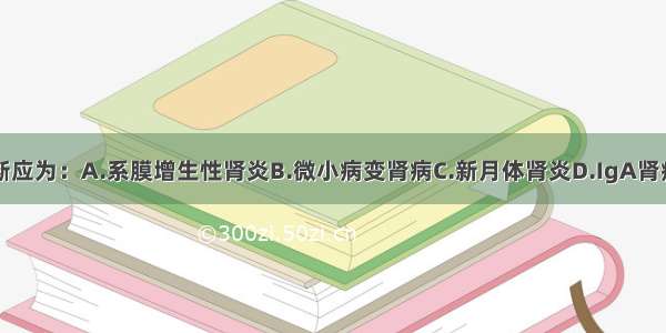 本例病理诊断应为：A.系膜增生性肾炎B.微小病变肾病C.新月体肾炎D.IgA肾病E.膜性肾病