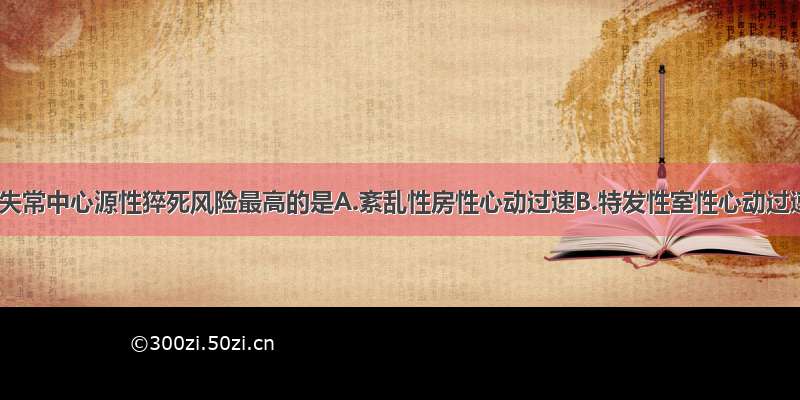 以下心律失常中心源性猝死风险最高的是A.紊乱性房性心动过速B.特发性室性心动过速C.多