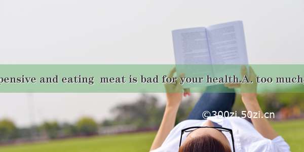 The meat is  expensive and eating  meat is bad for your health.A. too much; much tooB. too