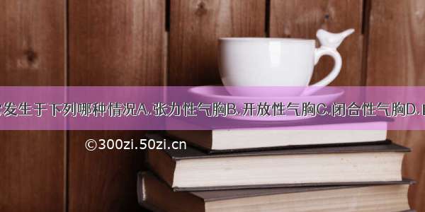 皮下气肿最常发生于下列哪种情况A.张力性气胸B.开放性气胸C.闭合性气胸D.自发性气胸E.