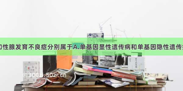 单选题唇裂和性腺发育不良症分别属于A.单基因显性遗传病和单基因隐性遗传病B.多基因遗